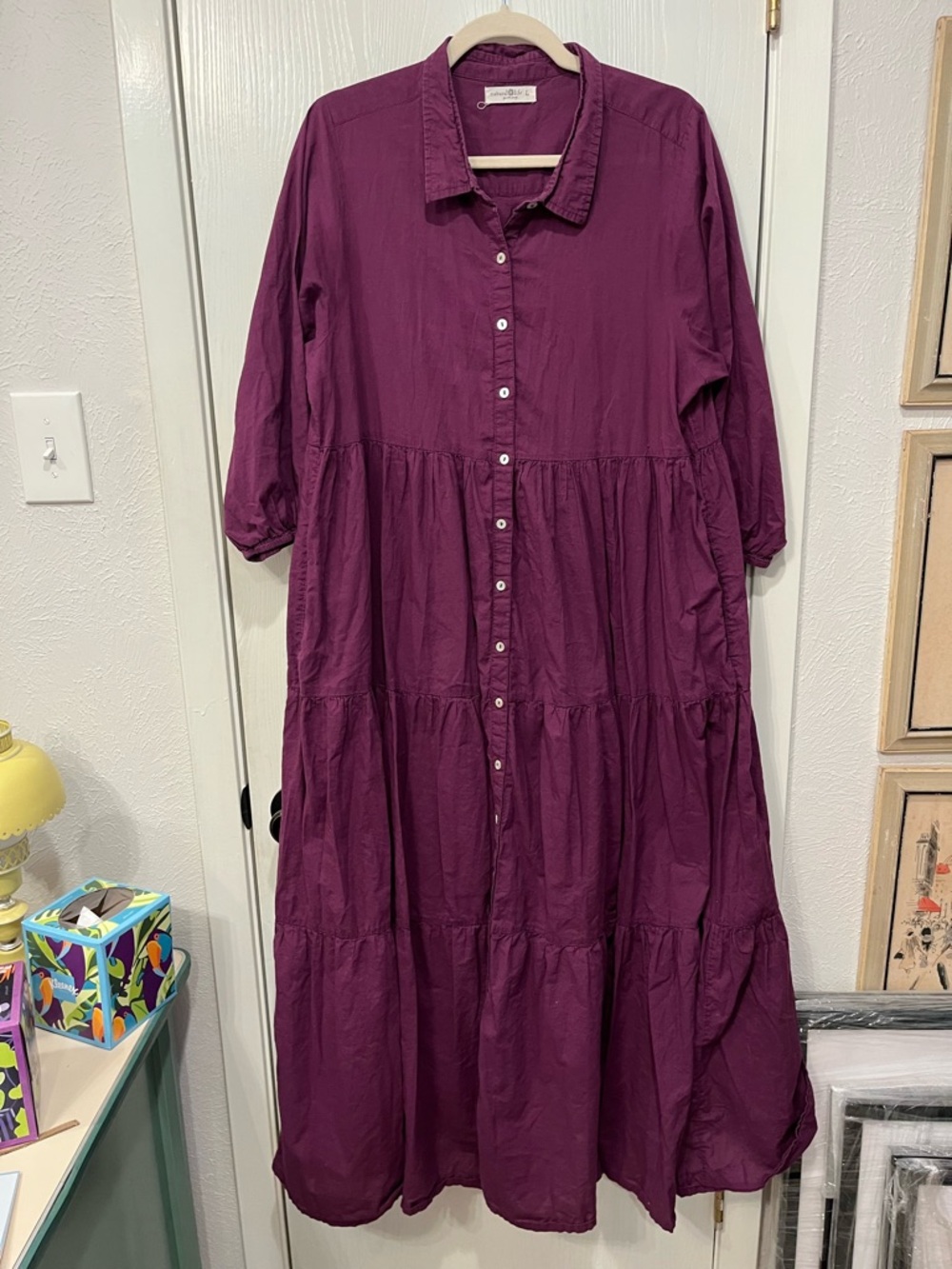 Natural Life Boho Tiered Maxi Dress Large Purple Cotton Cottage Pockets Summer